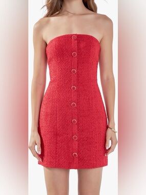 Endless Rose Strapless Red Tweed Button-Front Mini Dress